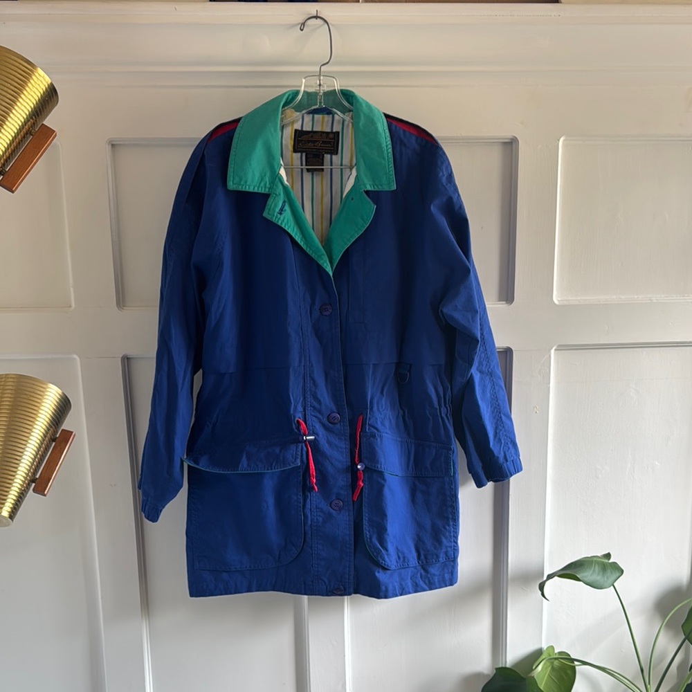 VINTAGE Eddie Bauer Blue and Green Utility Jacket with Retro Design